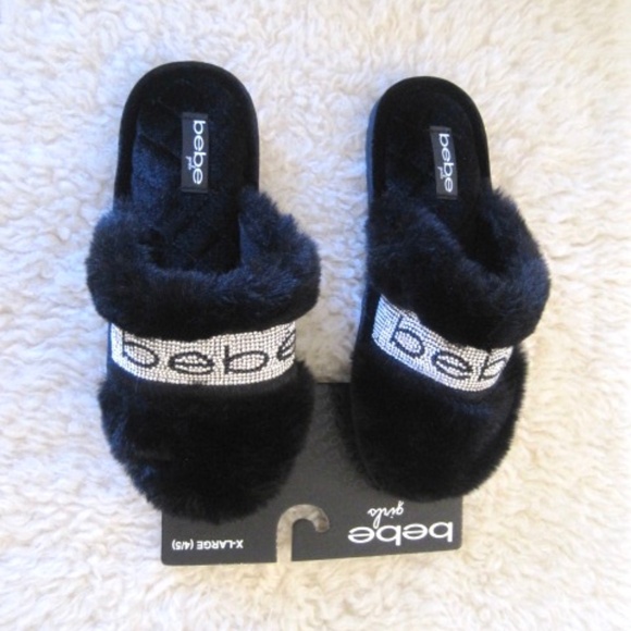 Bebe Girls Glitter Faux Fur Slippers - Picture 3 of 8